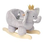 Manhattan Toy Juguete mecedor de madera de elefante de peluche con corona, cinturón de seguridad ajustable y empuñaduras