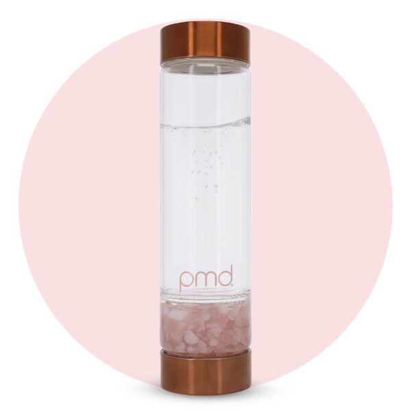 Botella de agua de vidrio PMD Beauty 5012-RQ aqua con cuarzo rosa grado A 16.2 onzas reutilizable libre de BPA