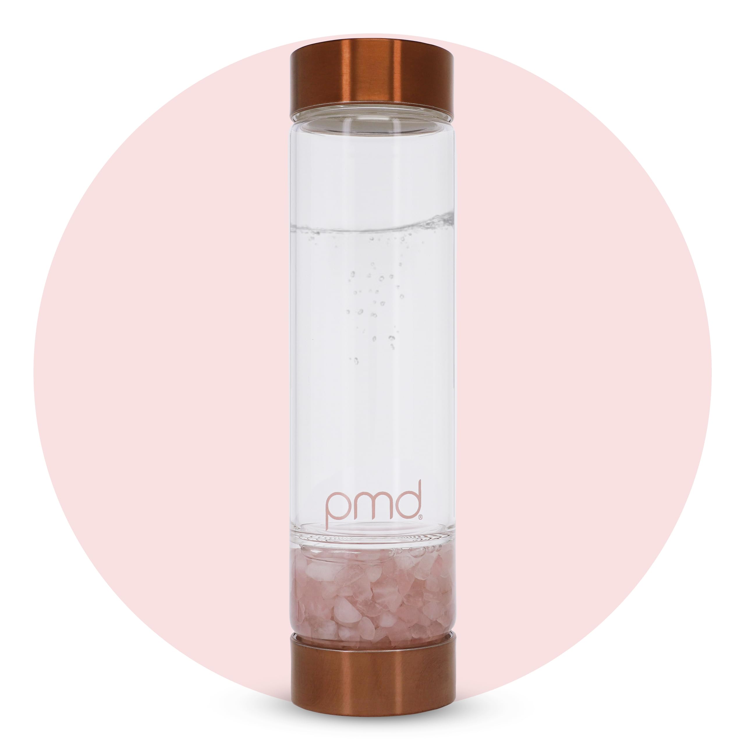 Version 1.0.0 Botella de agua de vidrio PMD Beauty 5012-RQ aqua con cuarzo rosa grado A 16.2 onzas reutilizable libre de BPA