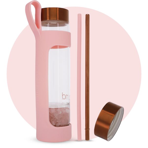 Botella de agua de vidrio PMD Beauty 5012-KIT-RQ con cuarzo rosa grado A aguamarina 16.2 onzas 480 ml libre de BPA funda