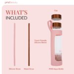 Botella de agua de vidrio PMD Beauty 5012-KIT-RQ con cuarzo rosa grado A aguamarina 16.2 onzas 480 ml libre de BPA funda