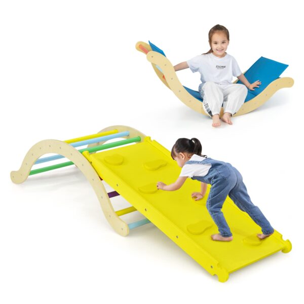 HONEY JOY Arco de escalera de madera para escalar, escalera de escalada para niños 3 en 1 y tabla de columpio con almoha
