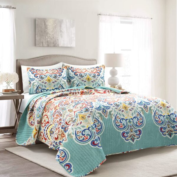 Juego de edredón reversible algodón bohemio Triangle Home Fashions 21T011771 3 piezas King estampado paisley verde mar r