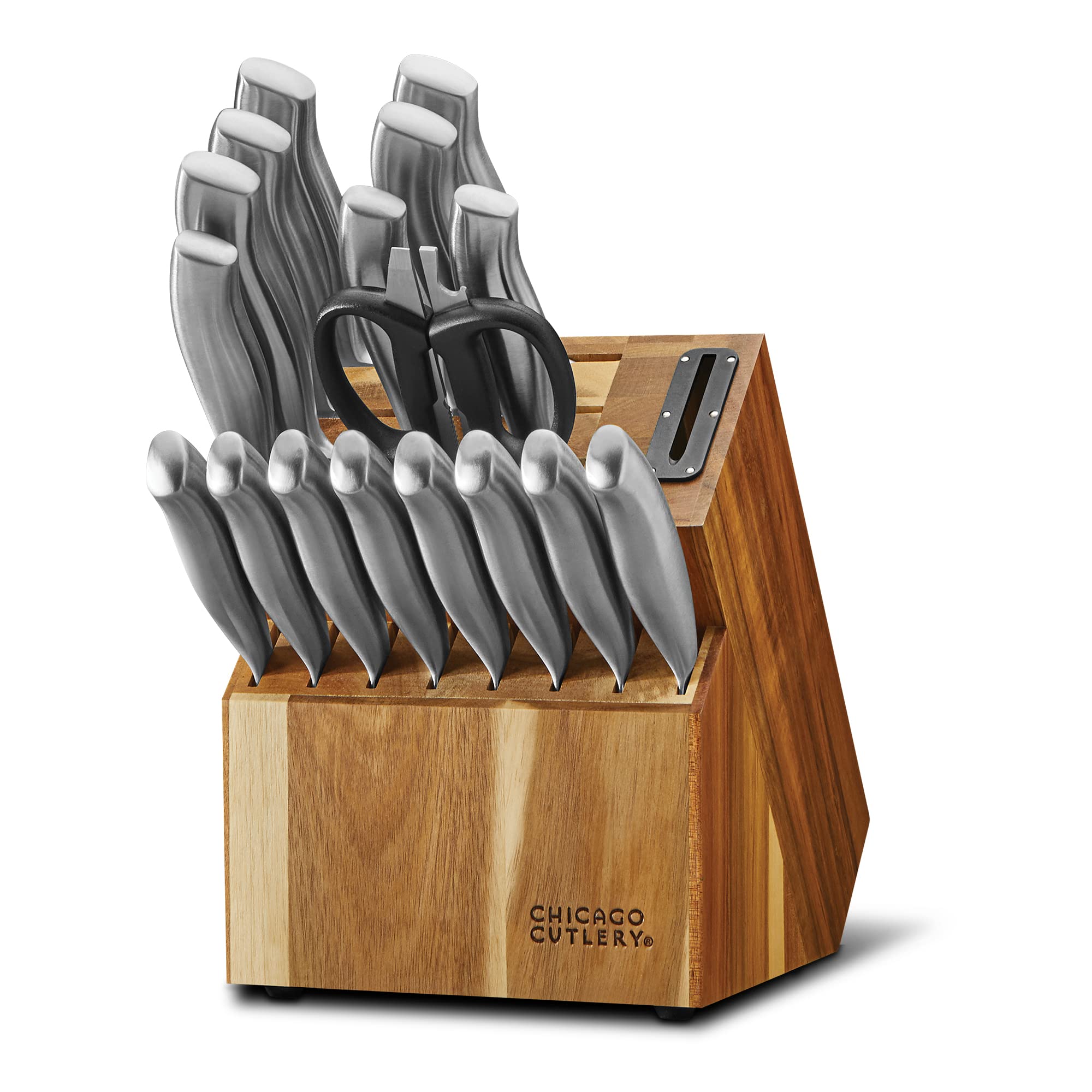 Version 1.0.0 Chicago Cutlery Insignia Steel (18-PIEZAS) Juego de bloque de cuchillos de cocina y afilador incorporado, mangos ergonóm