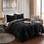Juego de edredón de felpa lanudo Sweet Home Collection Shaggy Fur Comforter Set tamaño Queen terciopelo cristalino negro