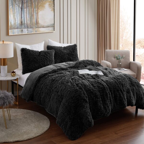 Juego de edredón de felpa lanudo Sweet Home Collection Shaggy Fur Comforter Set tamaño Queen terciopelo cristalino negro