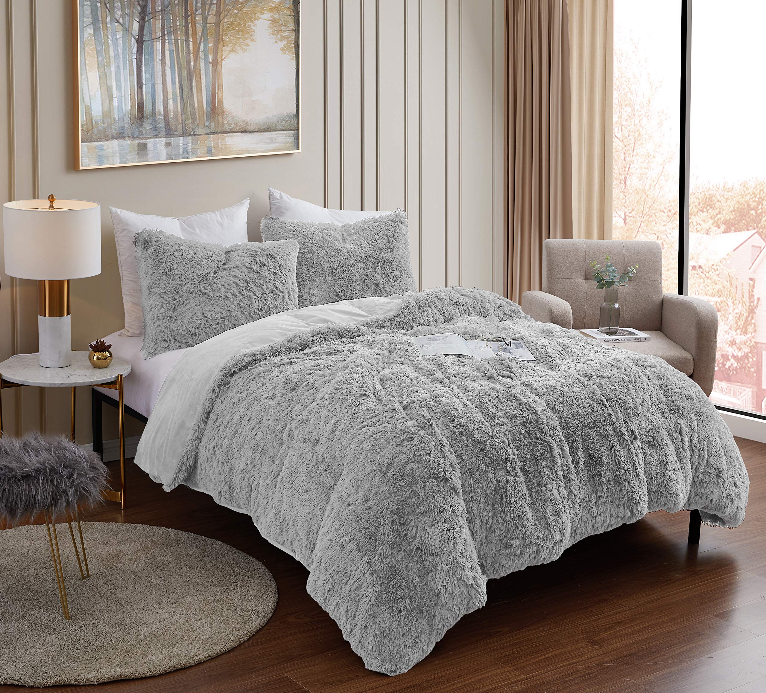 Version 1.0.0 Juego de edredón Sweet Home Collection Shaggy Fur Comforter Set pelo sintético terciopelo cristalino plateado 4 fundas K