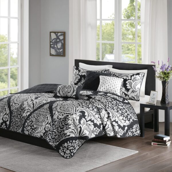 Colcha reversible de algodón Madison Park Vienna MP13-7959 tamaño King Cal King negro 6 piezas para todas las estaciones