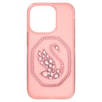 Swarovski Signum - Funda para iPhone 14 Pro con cristales rosados, diseño de cisne con fondo rosa, parte de la colección