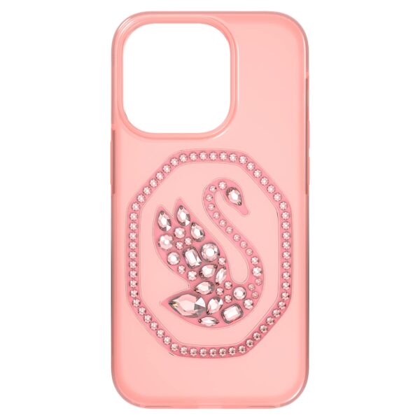 Swarovski Signum - Funda para iPhone 14 Pro con cristales rosados, diseño de cisne con fondo rosa, parte de la colección