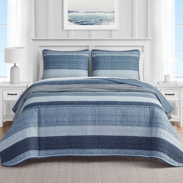 Juego de edredón reversible algodón Nautica Revman International USHSA91225593 tamaño Queen azul Ridgeport 3 piezas toda