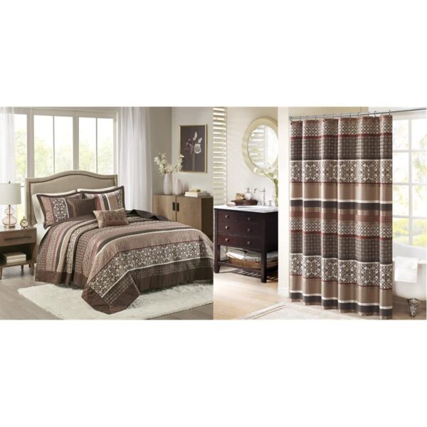 Colcha acolchada reversible Madison Park Princeton King 120x118 pulgadas 5 piezas con cortina de ducha para todas las es