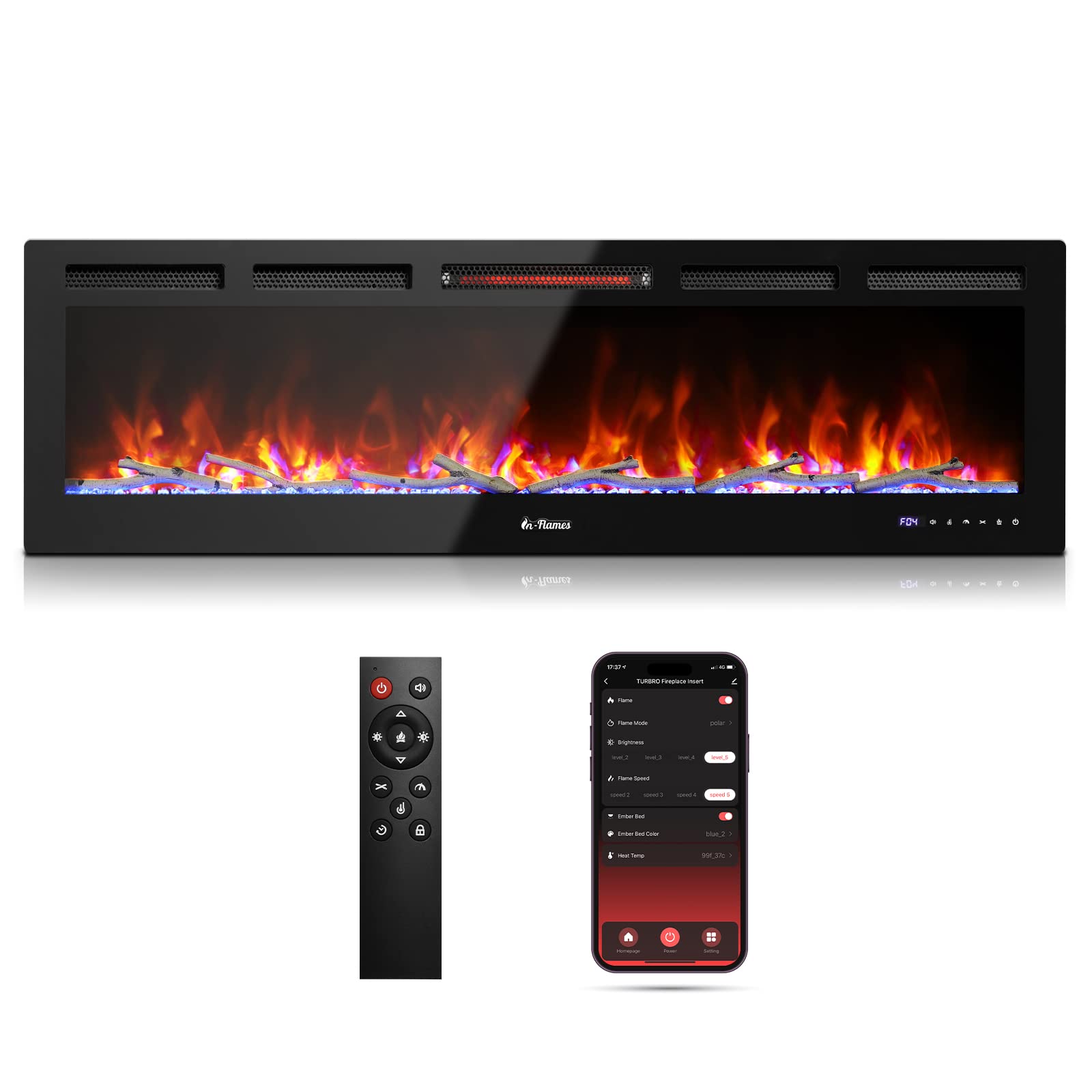 Version 1.0.0 Chimenea Eléctrica Infrarroja TURBRO INF60W-3D 60 Pulgadas WiFi 1500W Llama 3D Empotrada o Mural con Sonido Crepitante