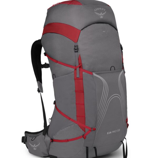 Osprey Eja Pro 55L Mochila de mochilero para mujer, color gris Dale gris/rojo de flor de pascua, WM/L