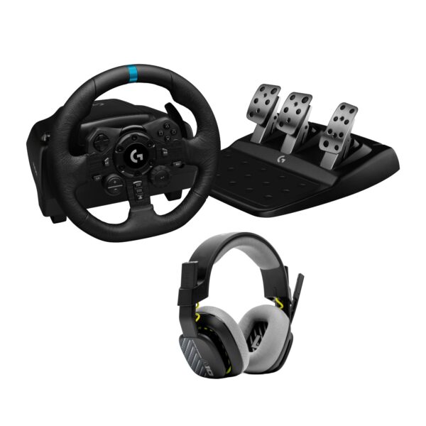 Logitech G TRUEFORCE Force - Rueda y pedales de carreras 923, retroalimentación Fuerza, cuero real + auriculares con cab