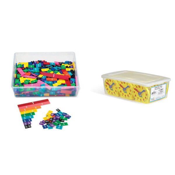 hand2mind Azulejos de fracción de arco iris de plástico + mini reloj engranado para aprender a decir la hora (15 juegos