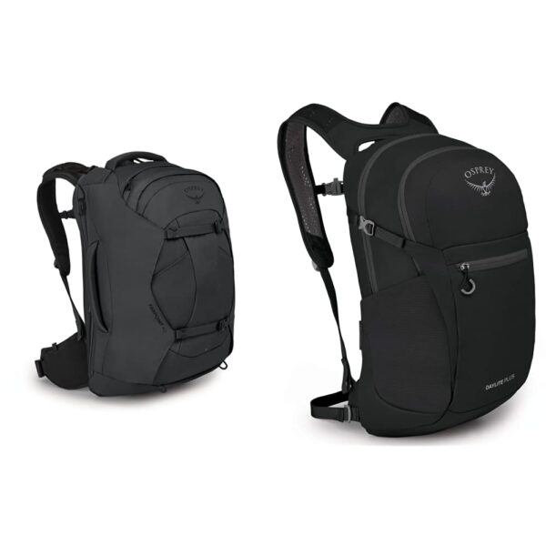 Mochila de viaje Osprey Farpoint 40 con mochila pequeña Daylite Plus negra set de equipaje para viajar senderismo talla