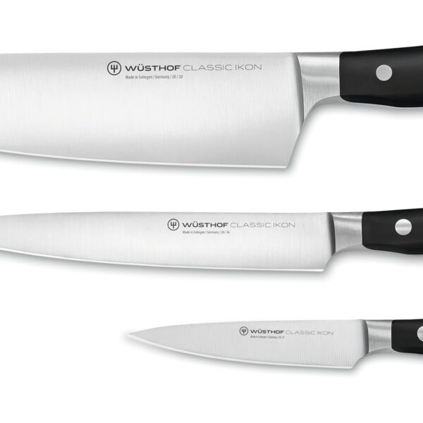 Wüsthof Classic Ikon - Juego de cuchillos de chef de 3 piezas, color negro
