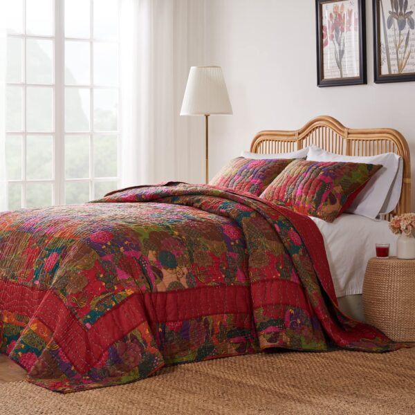 Juego de colcha acolchada Kantha algodón reversible Greenland Home Fashions GL-1304WJSK 3 piezas King Cal King rojo