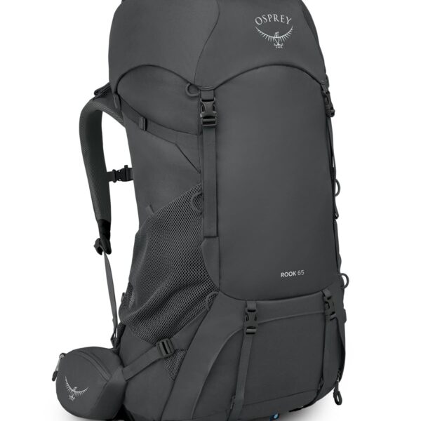 Osprey Rook 65L Mochila de mochilero para hombre, color carbón oscuro/forro plateado