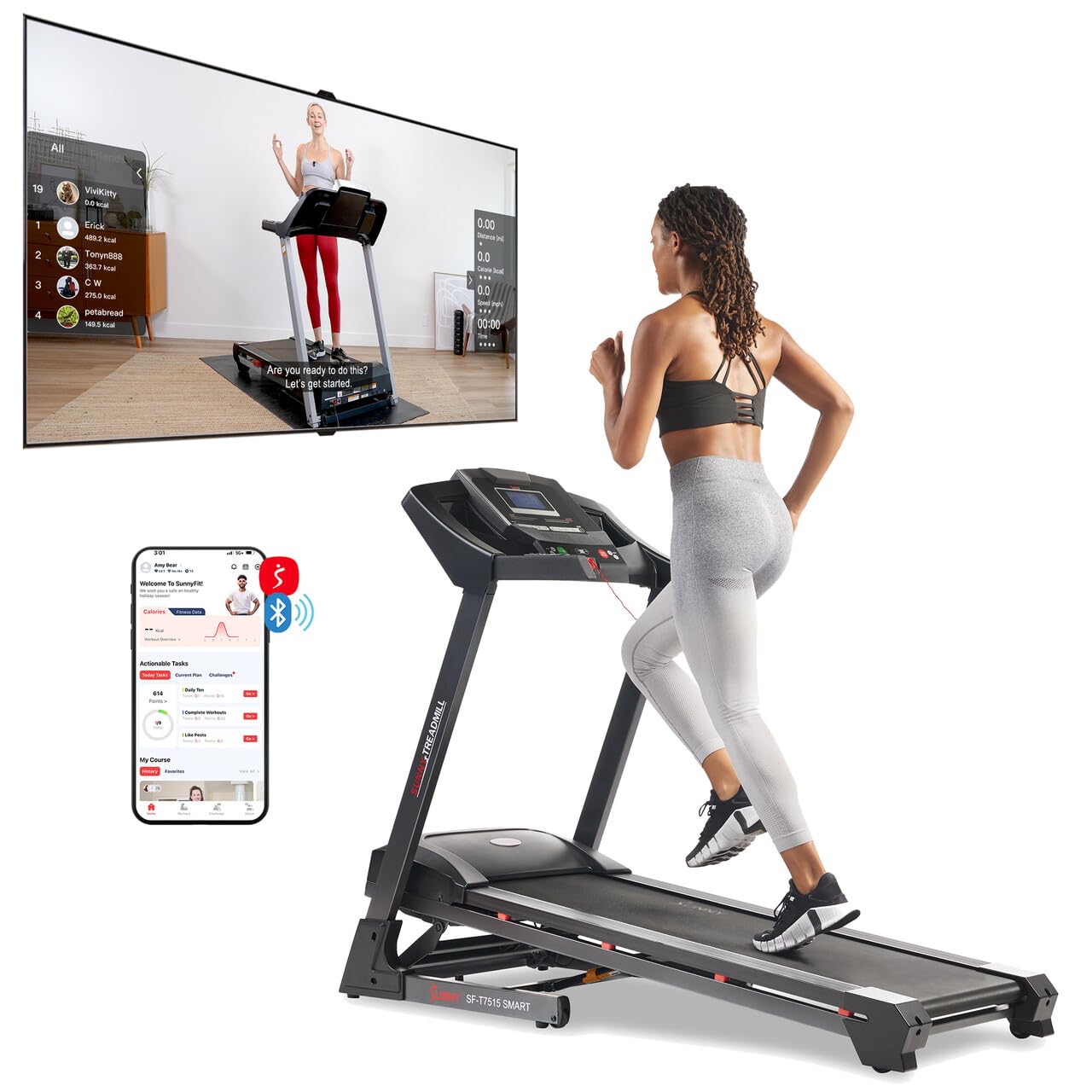 Version 1.0.0 Caminadora Sunny Health & Fitness SF-T7515SMART superficie doble capa 12 niveles inclinación automática 8 mph Bluetooth