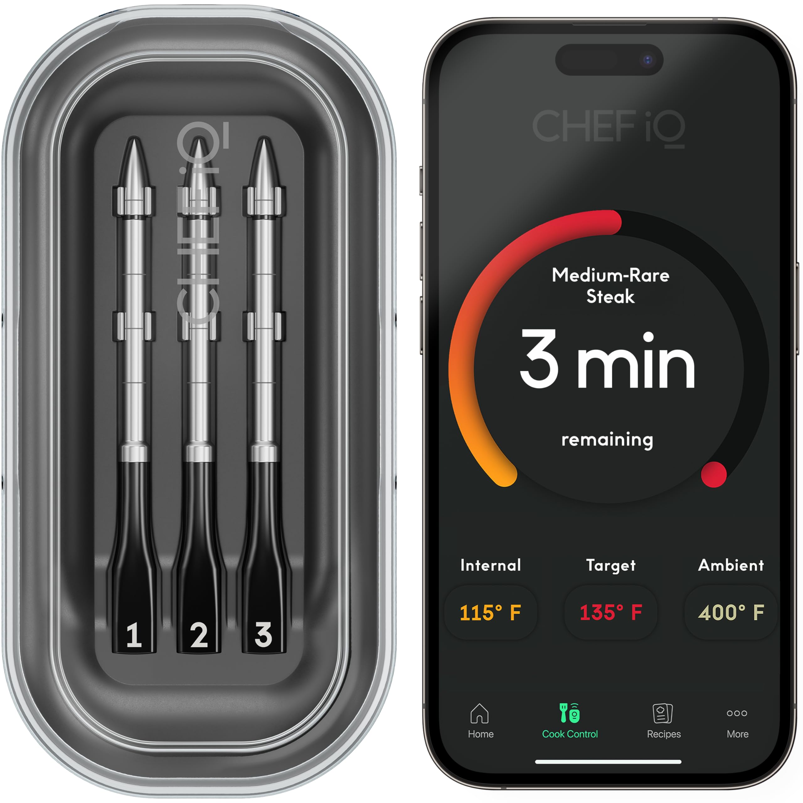 Version 1.0.0 Termómetro digital inteligente inalámbrico para carne CHEF iQ CQ60-3-SET-V2-AM-CA con 3 sondas ultrafinas Bluetooth de r