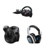 Logitech G 29 Driving Force Racing Wheel + pedales de suelo + cambio de fuerza de conducción + auriculares inalámbricos