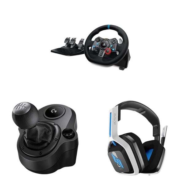 Logitech G 29 Driving Force Racing Wheel + pedales de suelo + cambio de fuerza de conducción + auriculares inalámbricos