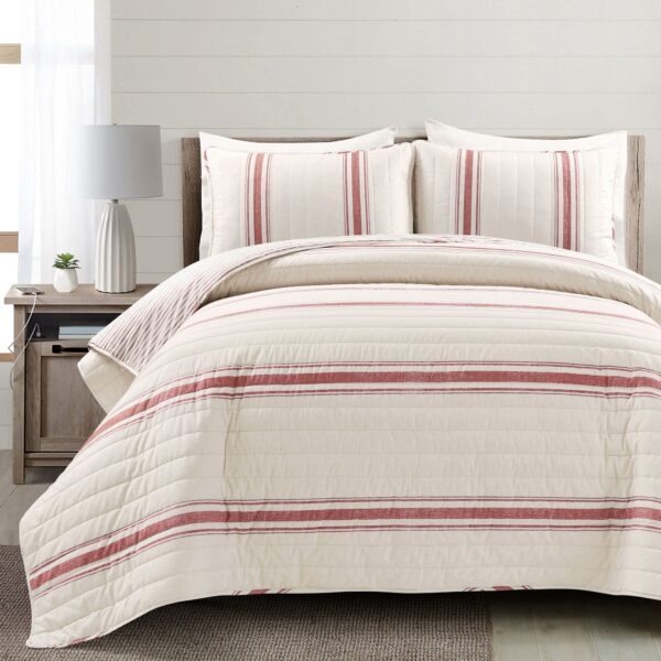 Juego de edredón reversible de rayas rústicas Lush Decor 16T006285 algodón talla California King 3 piezas color rojo rop