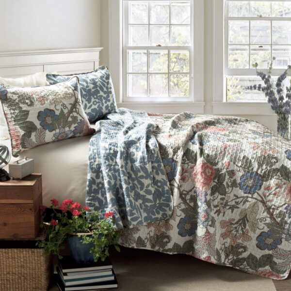 Juego de edredón reversible algodón floral Lush Decor Sydney 16T004664 tamaño King California King 3 piezas verde azul