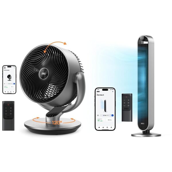 Ventilador Dreo CF714S 11 pulgadas 25 dB motor CC oscilante 120 grados y ventilador torre 42 pulgadas con control remoto