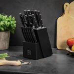Juego de cuchillos de cocina MasterChef con bloque y afilador más tijeras, juego de 15 cuchillos de chef de grado profes