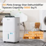 Deshumidificador Fehom JD025L-80 Energy Star 80 Pintas 5000 Pies Cuadrados con Manguera de Drenaje, Tanque de 1.06 Galon