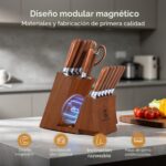 Piklohas - Juego de cuchillos de cocina con bloque, juego de cuchillos de 15 piezas con soporte magnético desmontable pa