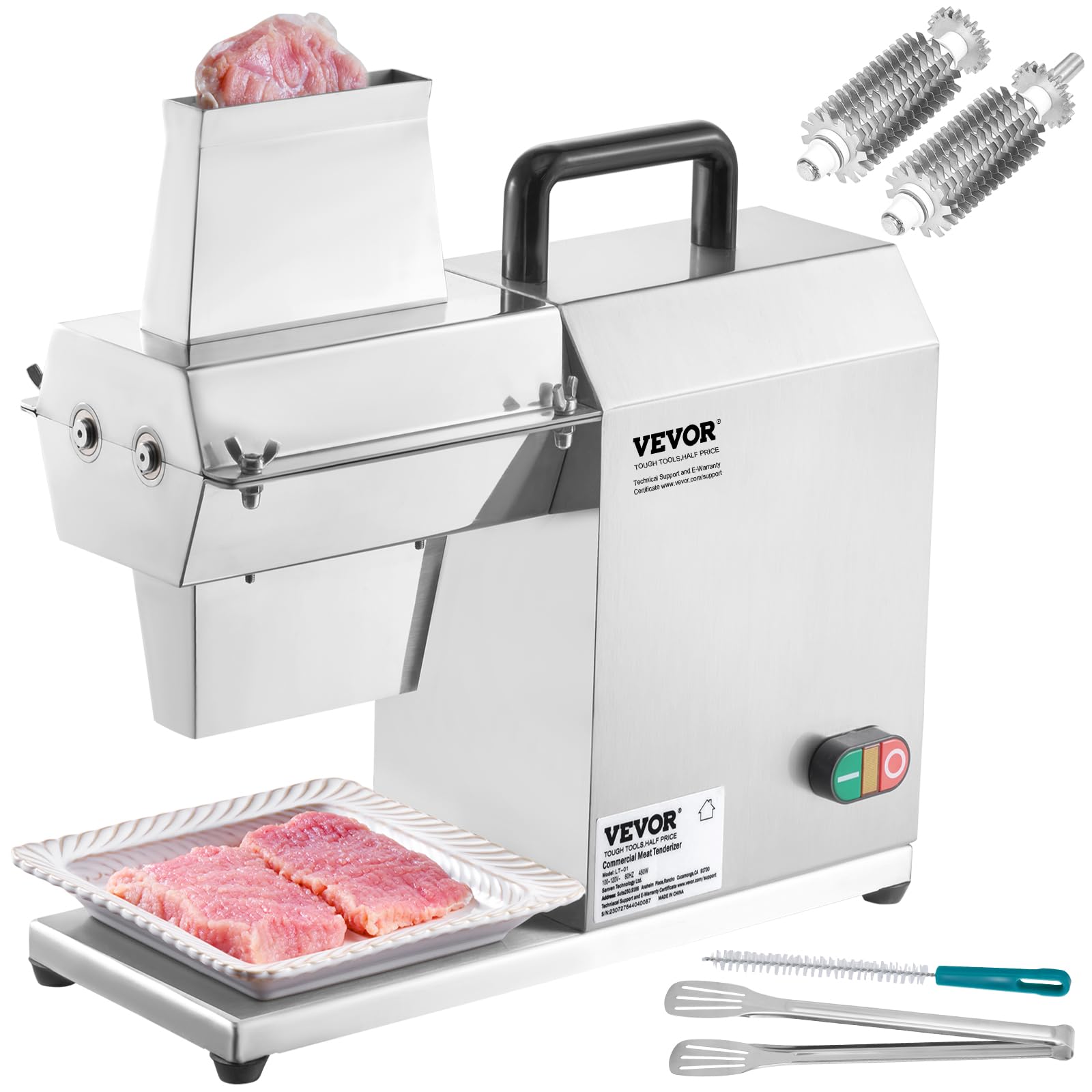 Version 1.0.0 VEVOR Ablandador de carne comercial, herramienta de cocina de acero inoxidable resistente con asa, pinza para carne y ce