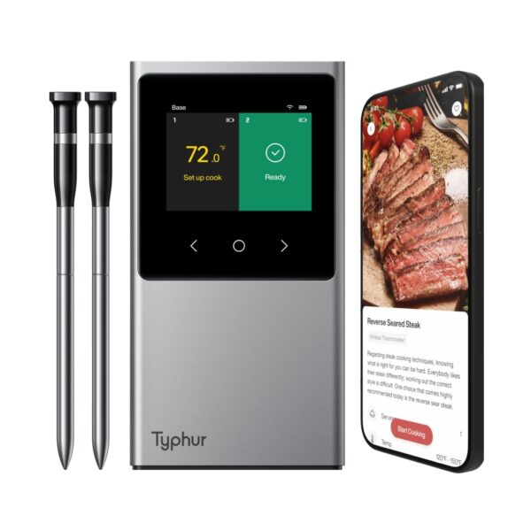 Termómetro inalámbrico WiFi Sync de Typhur, digital con 2 sondas, base inteligente, pantalla LCD, alcance ilimitado, Blu