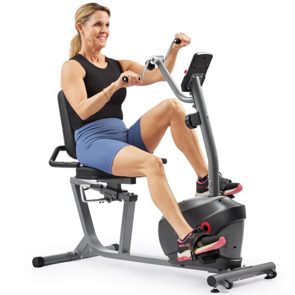 Bicicleta Reclinada Magnética Inteligente Sunny Health & Fitness SF-RB423034 con Sensores de Pulso Ejercitador de Brazos