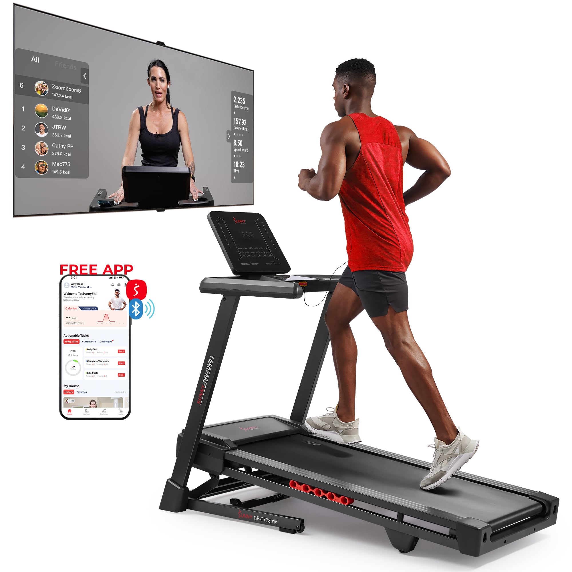 Version 1.0.0 Caminadora Sunny Health Fitness SF-T723016 inclinación automática 15 niveles 12 MPH 300 lb plataforma 20 pulgadas Blueto