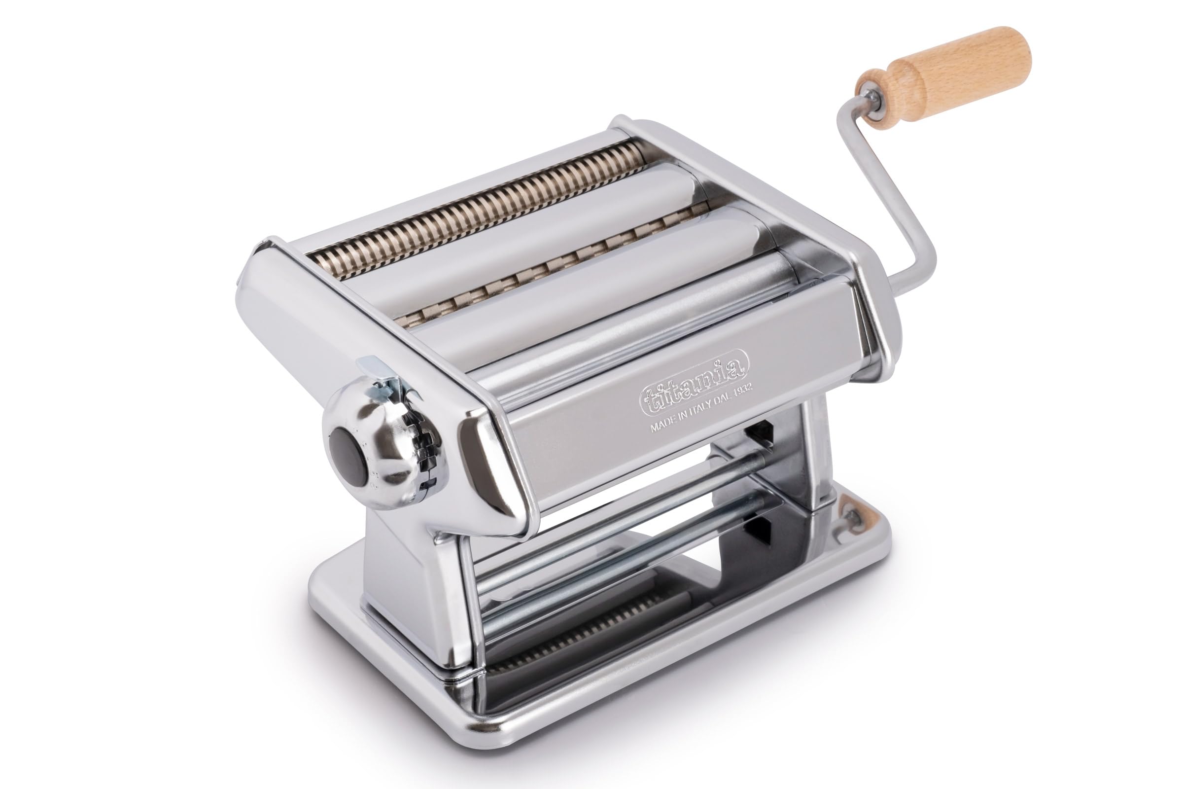 Version 1.0.0 Imperia Titania Pasta Maker - La máquina está 100% fabricada en Italia, construcción de acero resistente, rodillo manual