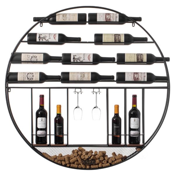 Repisa redonda decorativa de pared metal negro vintage Quickway Imports QI004276.KD con soporte de corcho y vidrio
