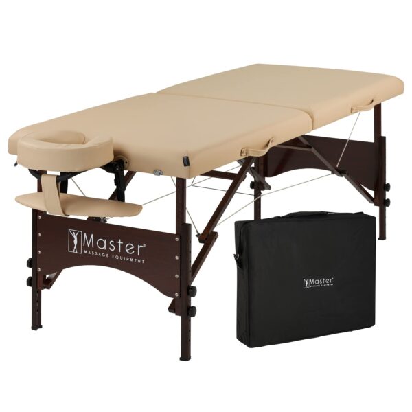 Master Massage Argo - Mesa de masaje portátil de 28 pulgadas en crema con patas de nogal, cama de spa para ejercicio y m