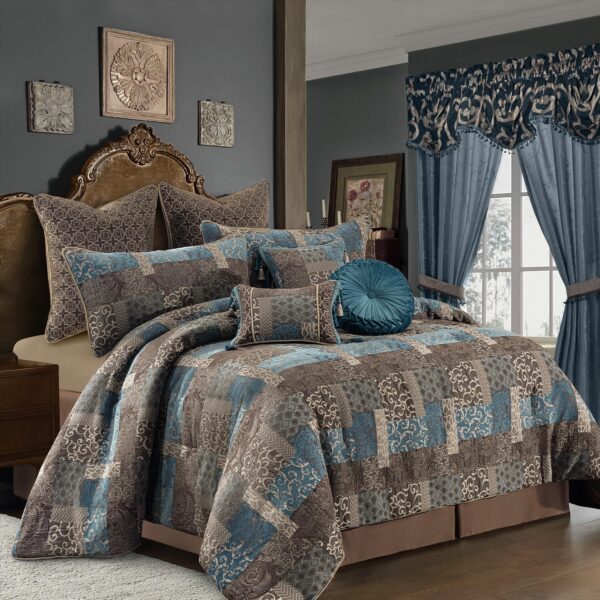 Juego de edredón patchwork vintage TOPLUXE VCLM-BLUELOONG-Queen jacquard ultrasuave tamaño Queen 9 piezas con fundas eur