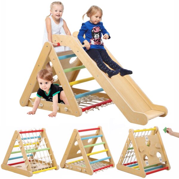 Juego de gimnasio interior para niños pequeños, juguetes de escalada 2 en 1, trepador triangular de madera de 3 lados co