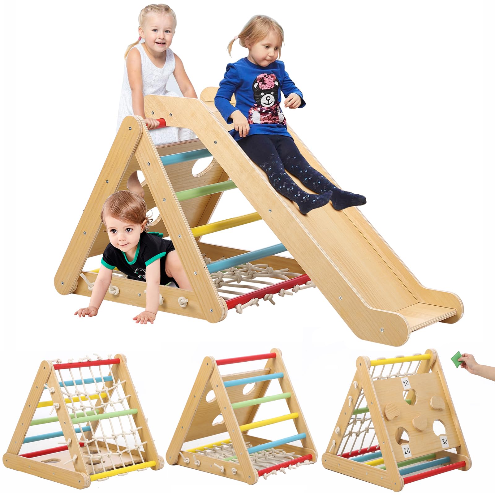 Version 1.0.0 Juego de gimnasio interior para niños pequeños, juguetes de escalada 2 en 1, trepador triangular de madera de 3 lados co
