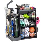 GoSports Organizador de equipos deportivos de madera prémium con ganchos de almacenamiento, estante para bolsas de golf