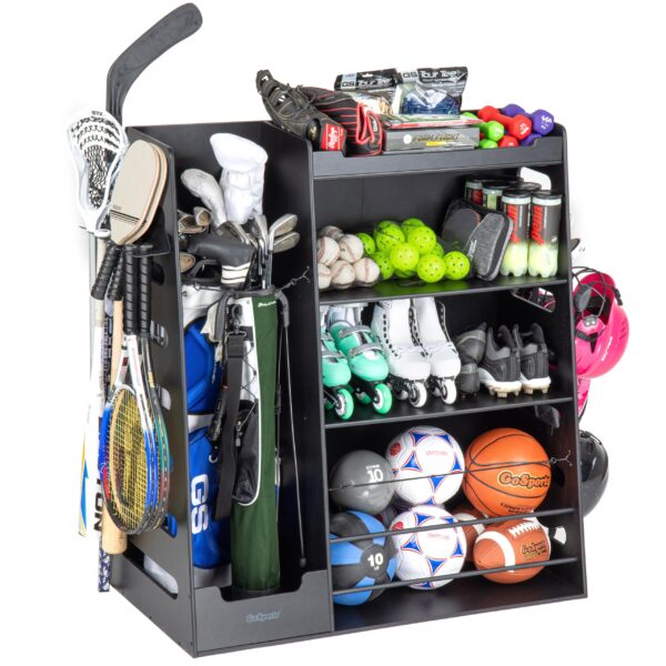 GoSports Organizador de equipos deportivos de madera prémium con ganchos de almacenamiento, estante para bolsas de golf