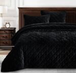 Juego de edredón de terciopelo Chezmoi Collection Lux Lux-Quilt-Black-Oversized-King negro extra grande 3 piezas microfi