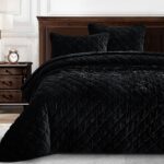 Juego de edredón de terciopelo Chezmoi Collection Lux Lux-Quilt-Black-Oversized-King negro extra grande 3 piezas microfi