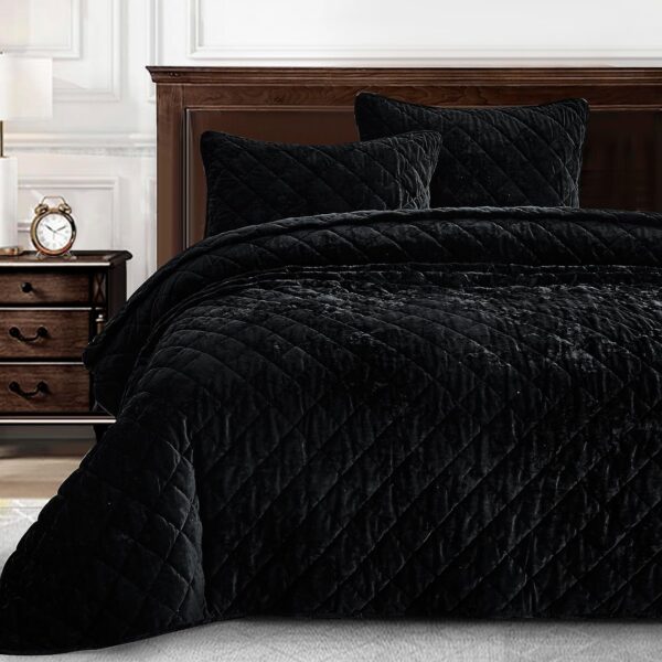 Juego de edredón de terciopelo Chezmoi Collection Lux Lux-Quilt-Black-Oversized-King negro extra grande 3 piezas microfi