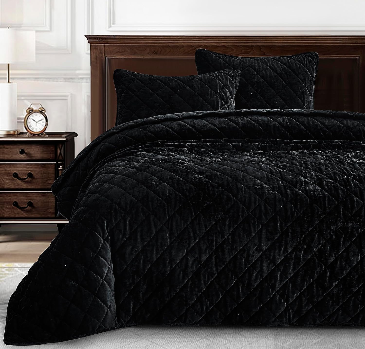 Version 1.0.0 Juego de edredón de terciopelo Chezmoi Collection Lux Lux-Quilt-Black-Oversized-King negro extra grande 3 piezas microfi